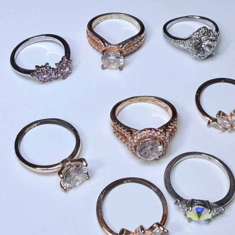 Fragrant Jewels Ring Lot 8pc Rose Gold Silver Tone CZ Halo Crown Floral Size 6
